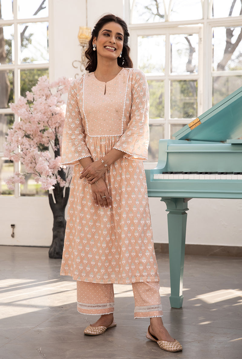 Peach Front Pleats Aisha Kurta Set