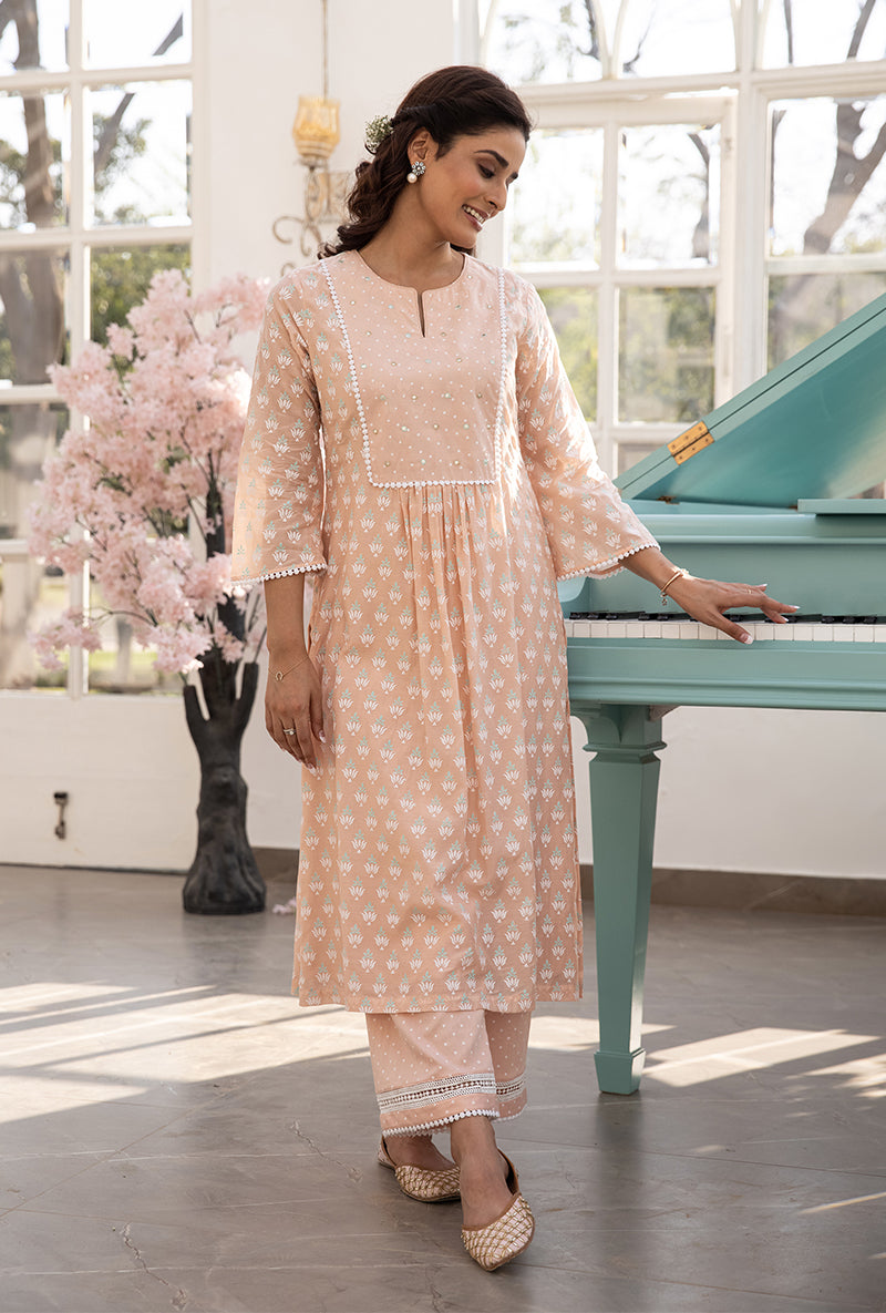 Peach Front Pleats Aisha Kurta Set