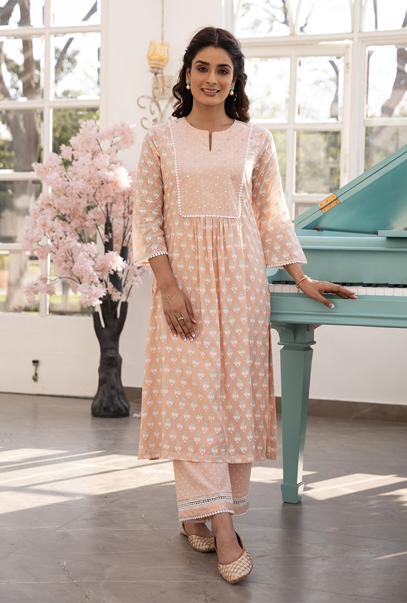 Peach Front Pleats Aisha Kurta Set