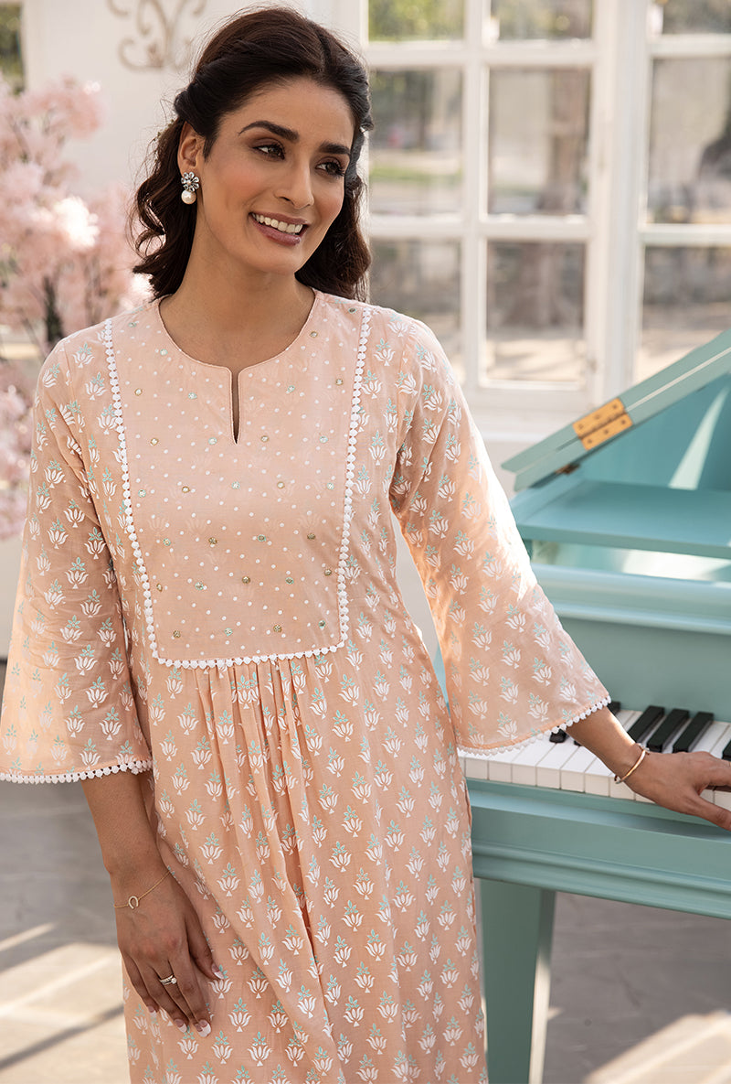 Peach Front Pleats Aisha Kurta Set