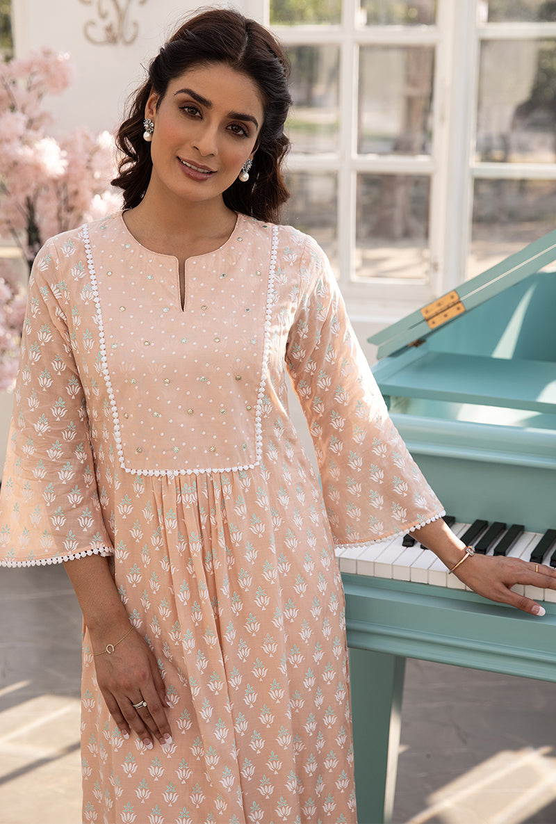 Peach Front Pleats Aisha Kurta Set