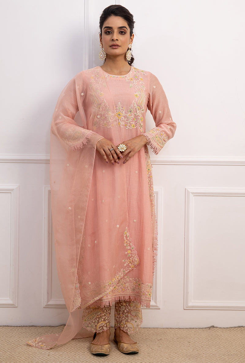 Pink Dori Paisley Long Kurta Yoke Aafreen Set