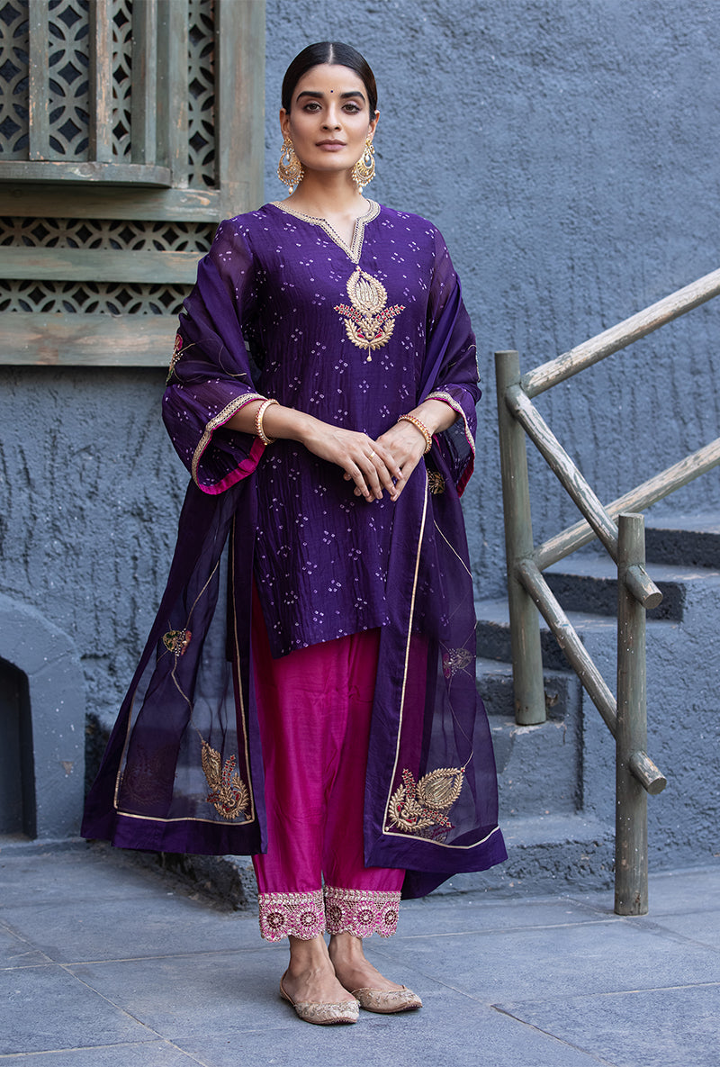 Purple Bandhej Zara Salwar Kurta Set