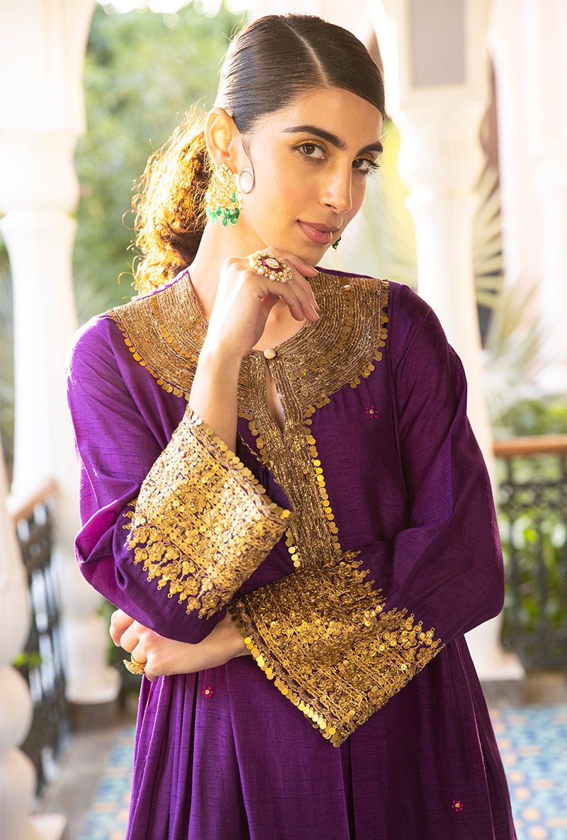 Purple Heavy Pitta Neck & Marodi Sleeves Sunehri Kurta Set