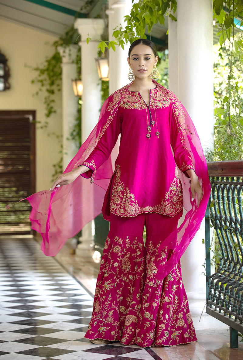 Rani Pink Kairi Buta Full  Jaal Zeenat Gharara Set