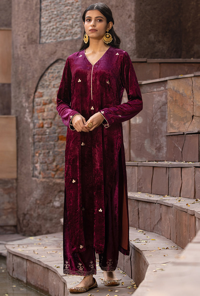 Wine Leaf Embroidery Ruhaani Kurta Set