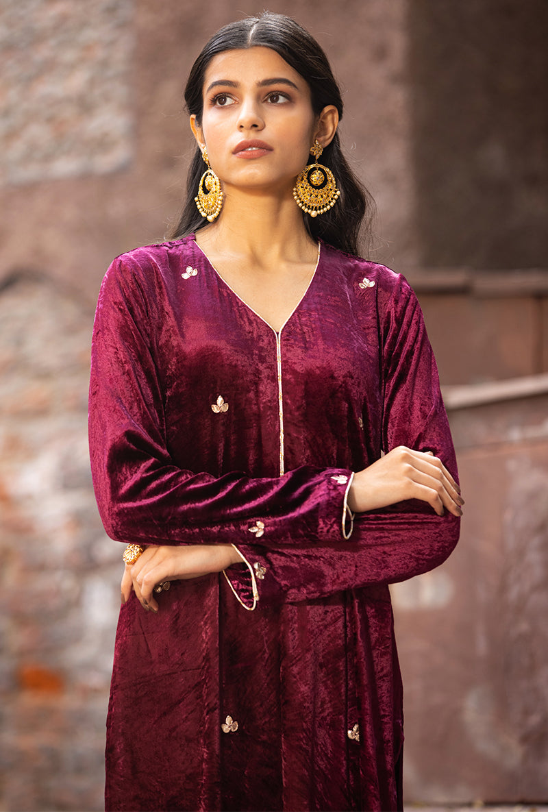 Wine Leaf Embroidery Ruhaani Kurta Set