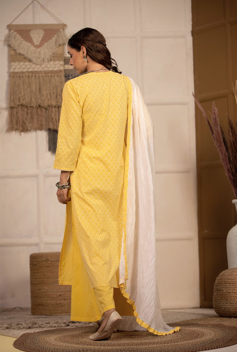 Yellow Bandhej Straight Kurta Set