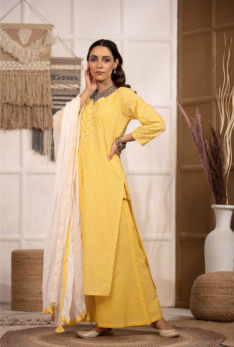 Yellow Bandhej Straight Kurta Set