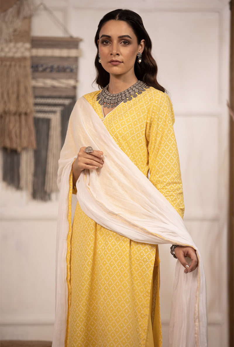 Yellow Bandhej Straight Kurta Set