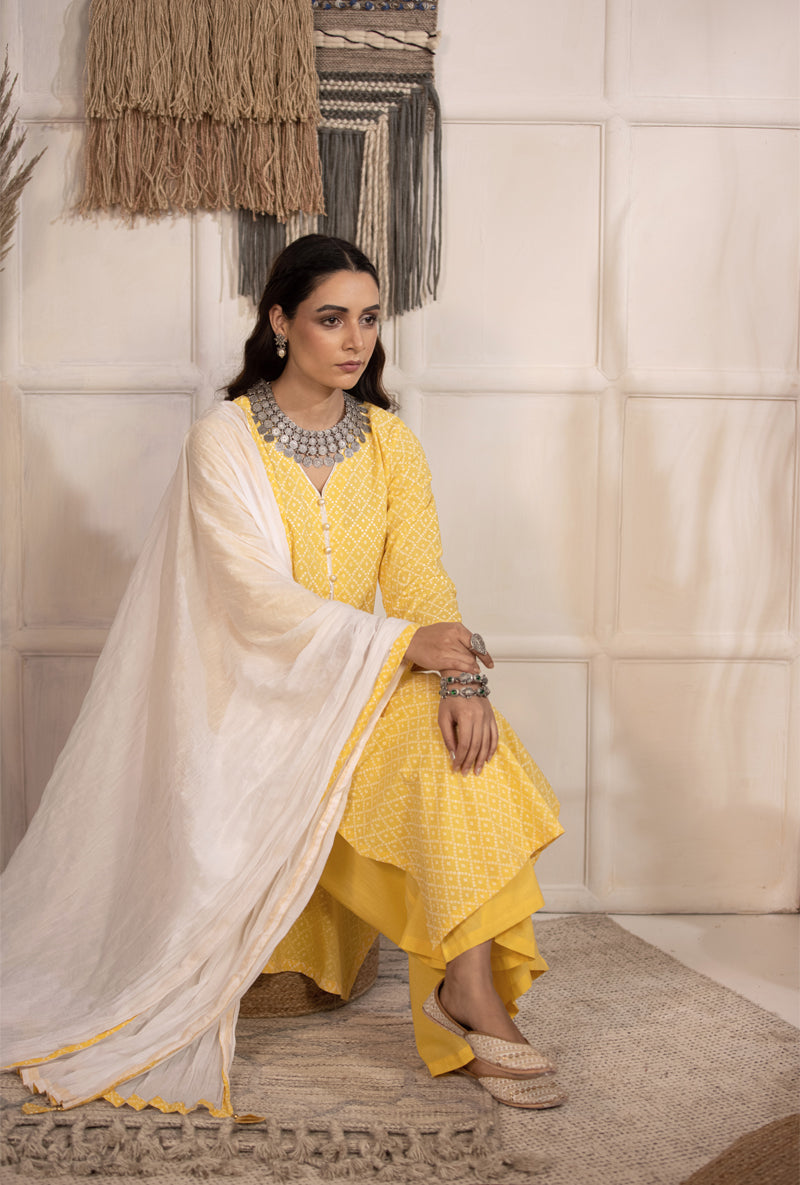 Yellow Bandhej Straight Kurta Set