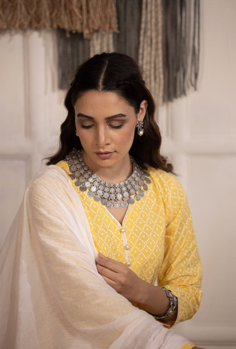 Yellow Bandhej Straight Kurta Set
