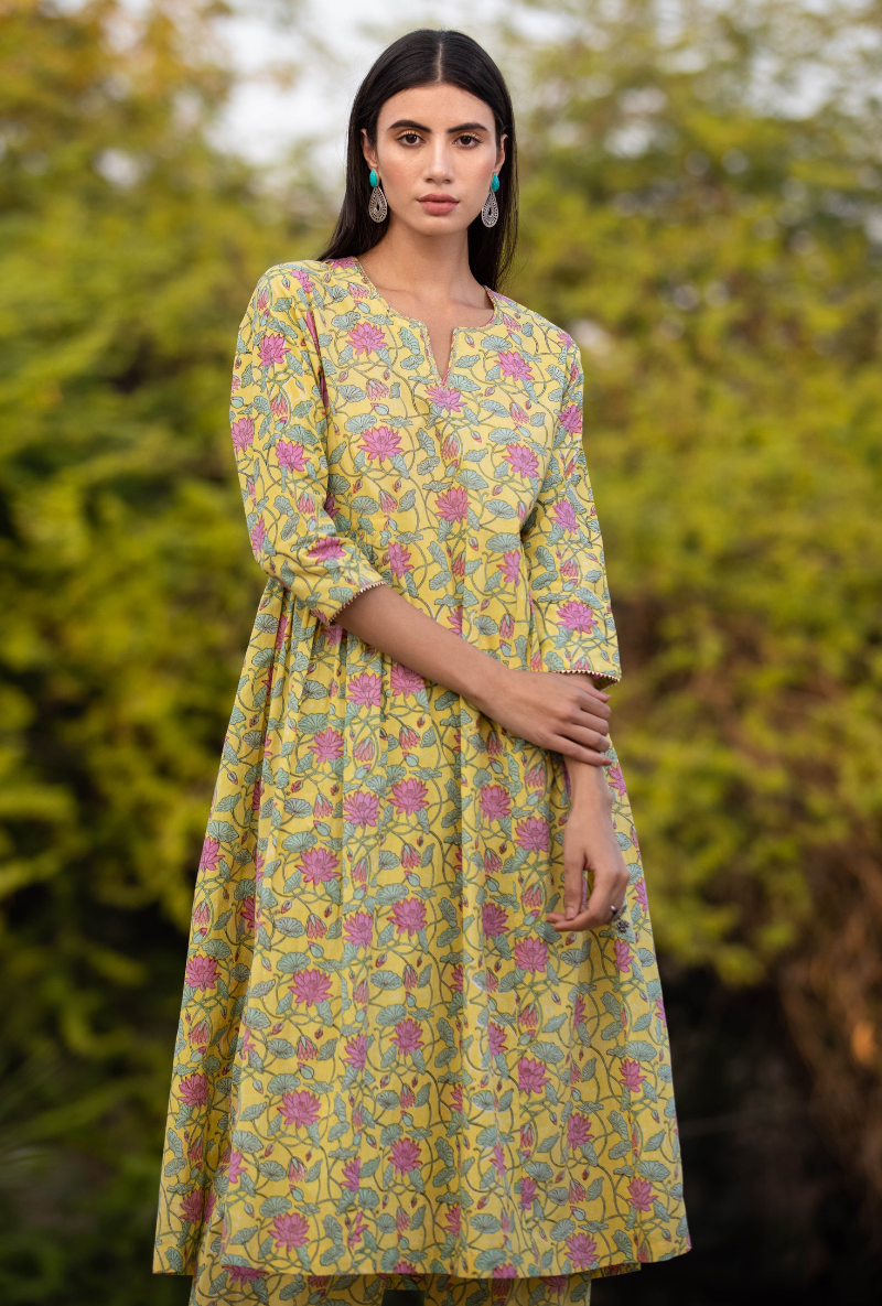 Yellow/Pink Pankhuri Anarkali Kurta Set