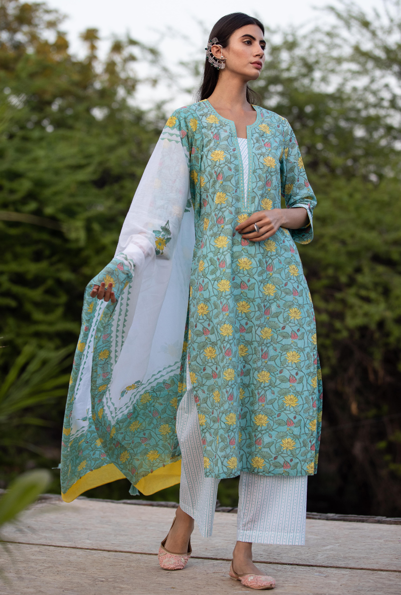 Aqua Sequin Pankhuri Kurta Set