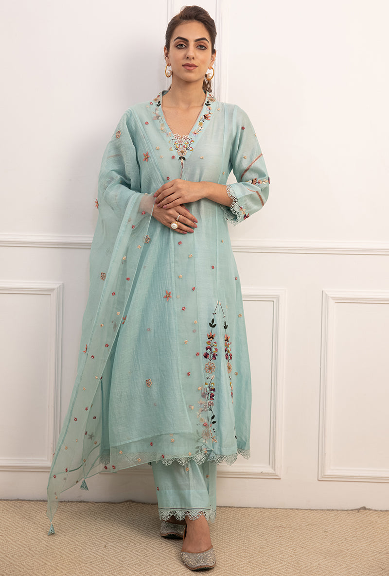 Blue French Knot Pocket Style Suhaani Kurta Set