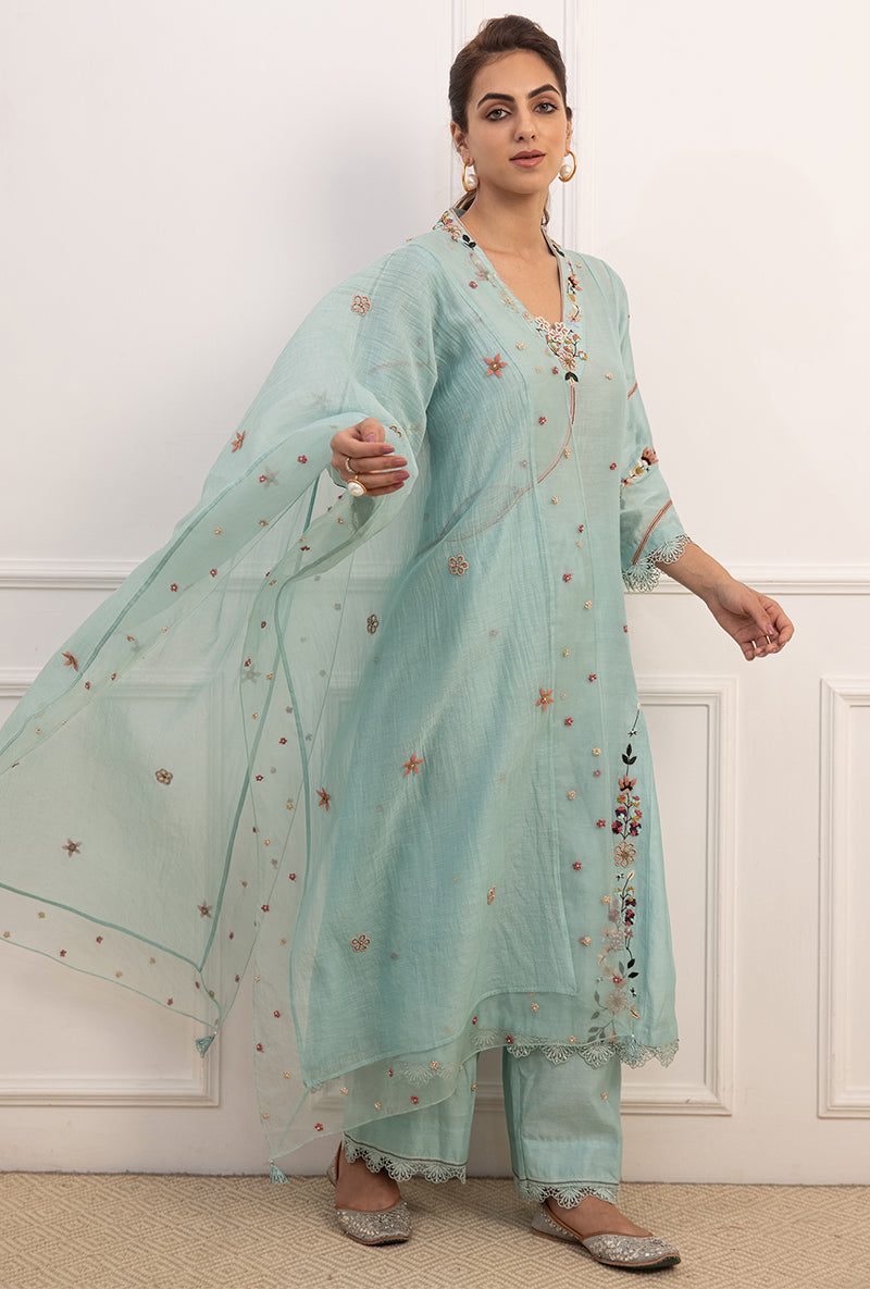 Blue French Knot Pocket Style Suhaani Kurta Set