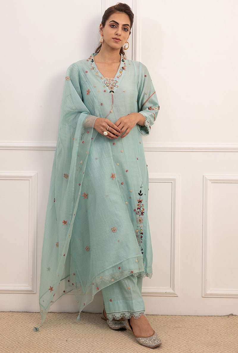 Blue French Knot Pocket Style Suhaani Kurta Set