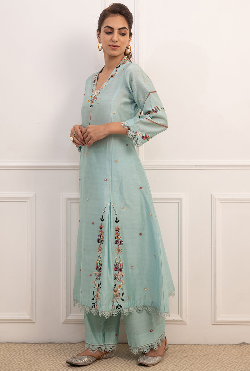 Blue French Knot Pocket Style Suhaani Kurta Set