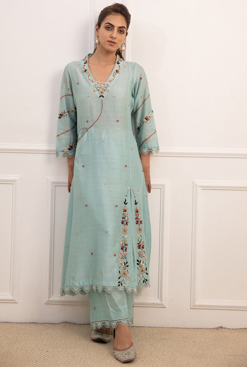 Blue French Knot Pocket Style Suhaani Kurta Set
