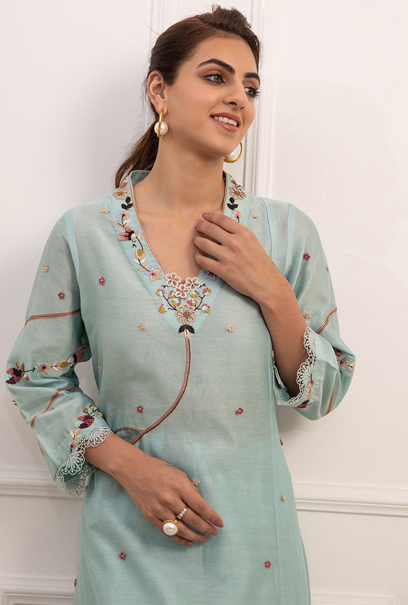 Blue French Knot Pocket Style Suhaani Kurta Set