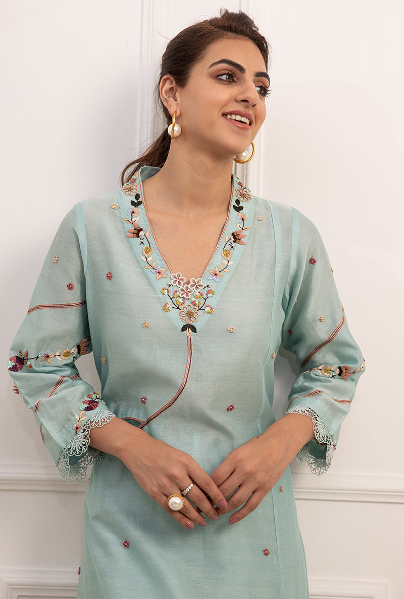 Blue French Knot Pocket Style Suhaani Kurta Set