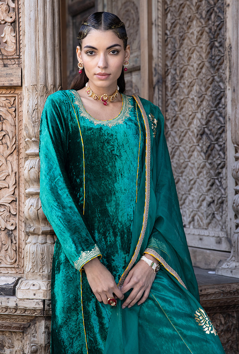 Green Velvet A-line Foil Falak Kurta Set