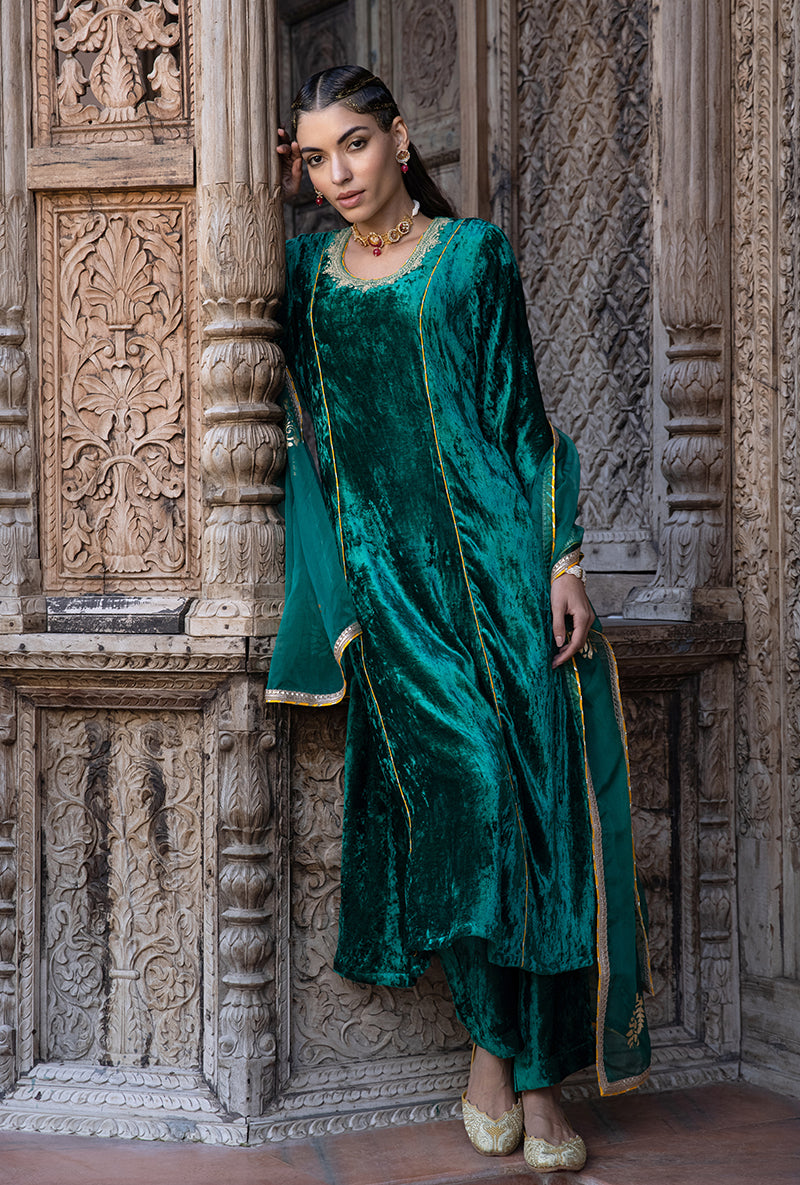 Green Velvet A-line Foil Falak Kurta Set