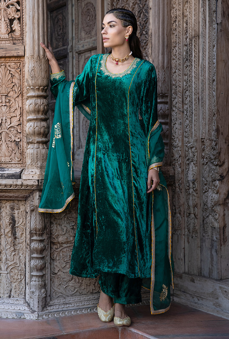 Green Velvet A-line Foil Falak Kurta Set