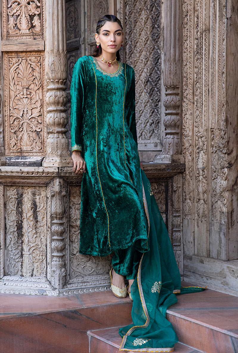 Green Velvet A-line Foil Falak Kurta Set