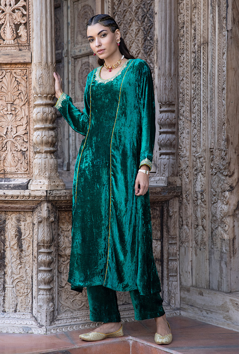 Green Velvet A-line Foil Falak Kurta Set