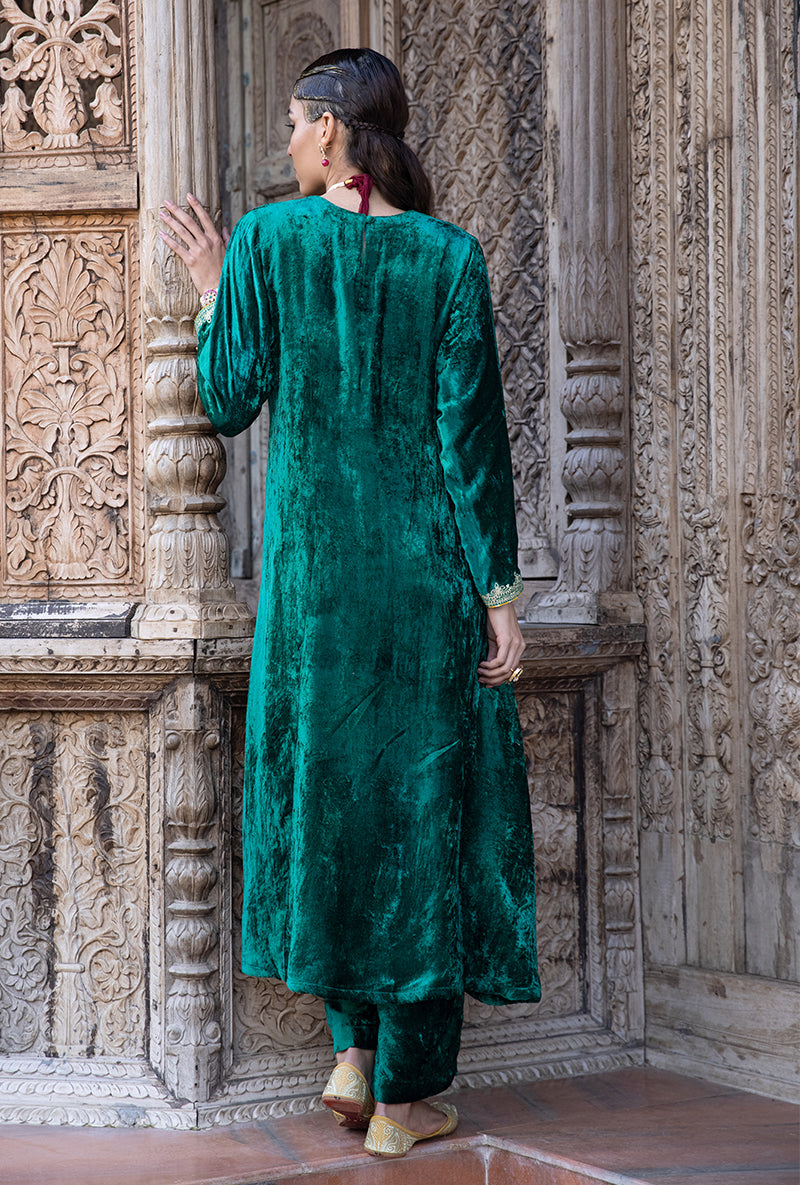 Green Velvet A-line Foil Falak Kurta Set