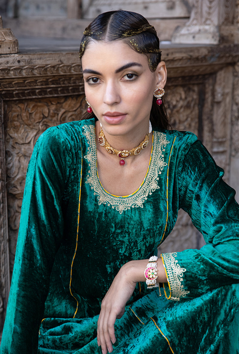 Green Velvet A-line Foil Falak Kurta Set
