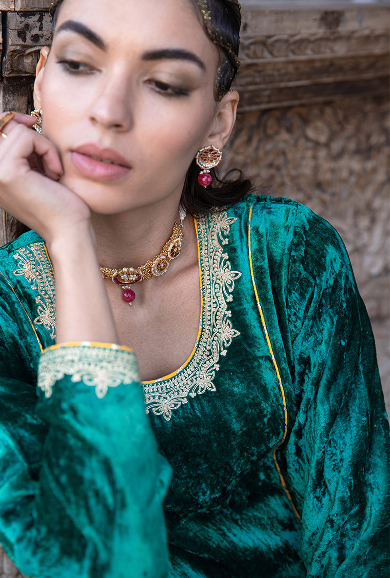 Green Velvet A-line Foil Falak Kurta Set