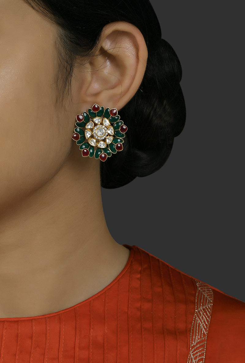 Gold Plated Silver Polki Floral Stud With Green & Red Utarai