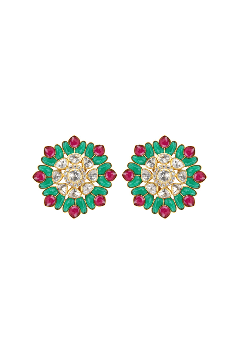 Gold Plated Silver Polki Floral Stud With Green & Red Utarai