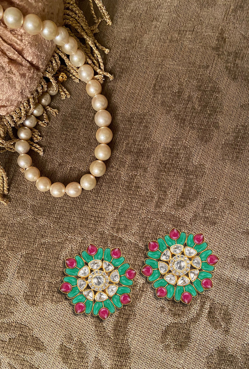 Gold Plated Silver Polki Floral Stud With Green & Red Utarai