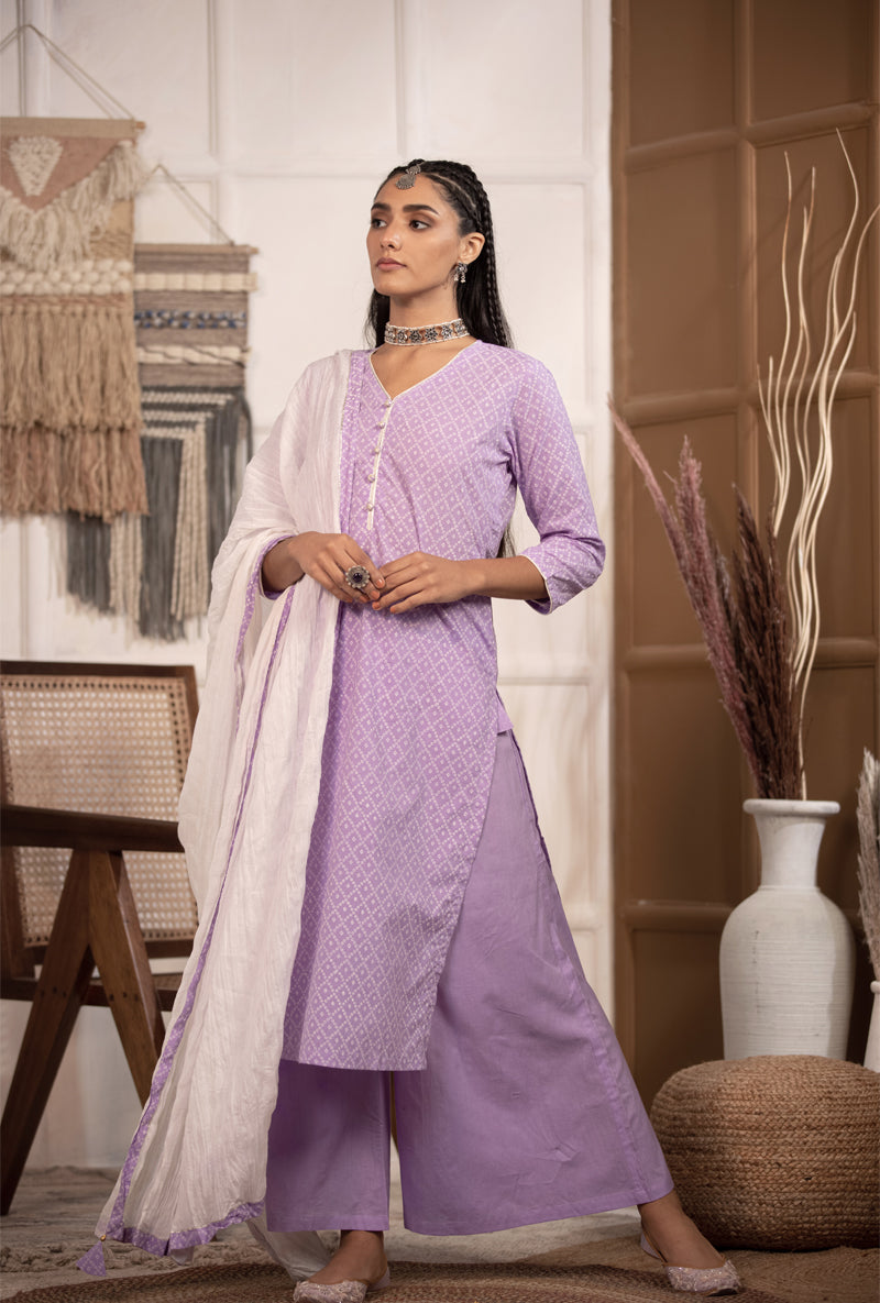 Lilac Bandhej Straight Kurta Set