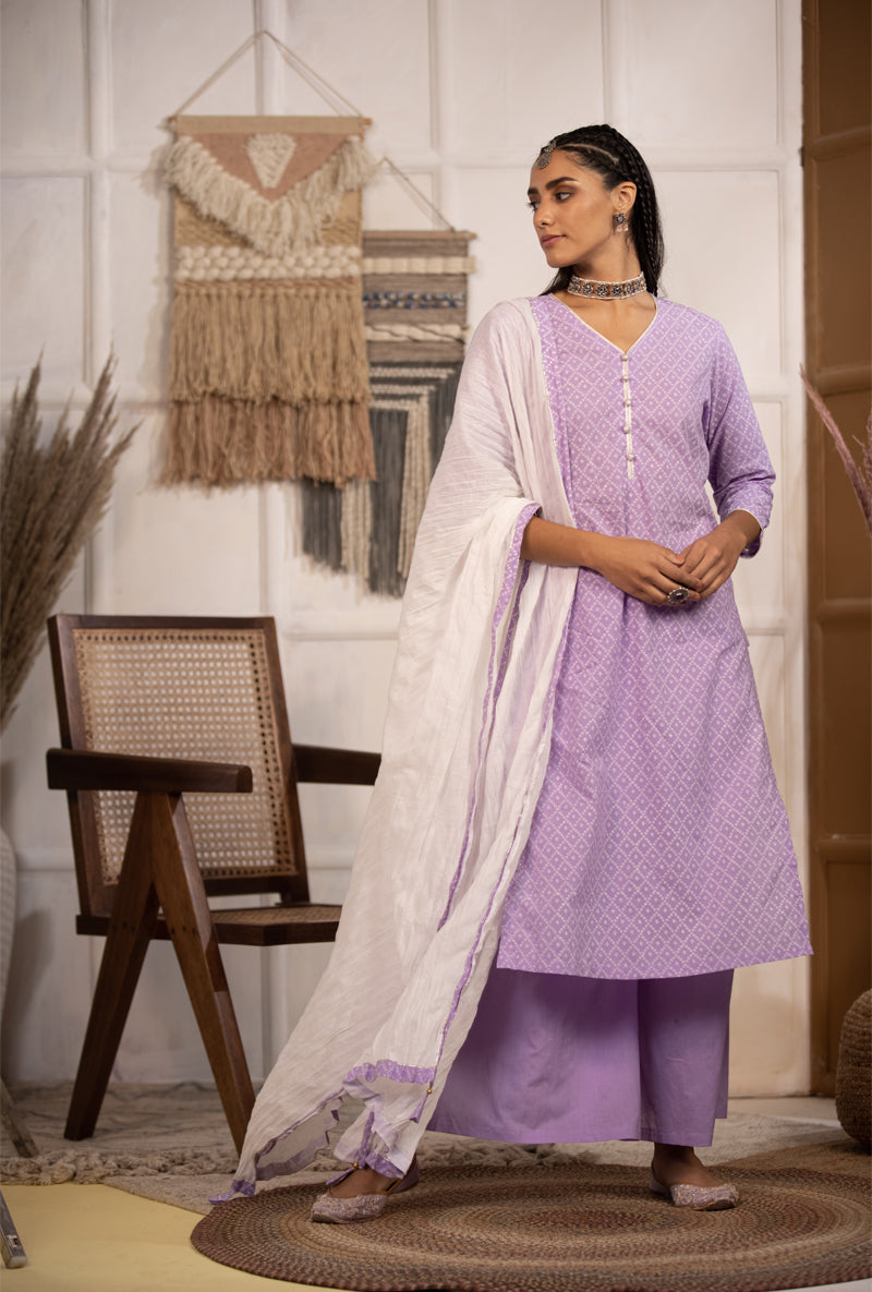 Lilac Bandhej Straight Kurta Set