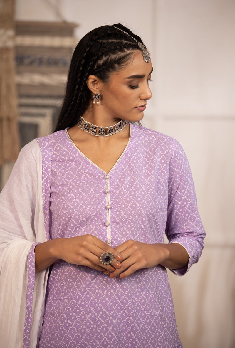 Lilac Bandhej Straight Kurta Set