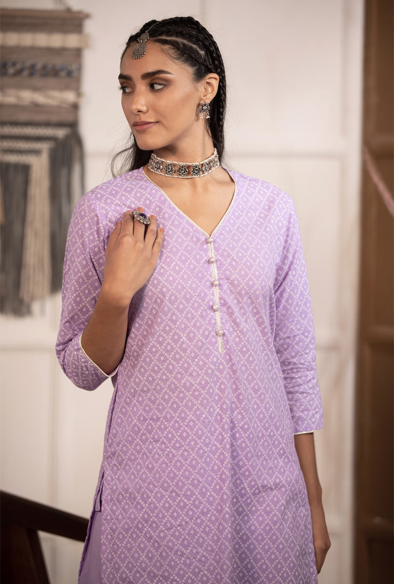 Lilac Bandhej Straight Kurta Set