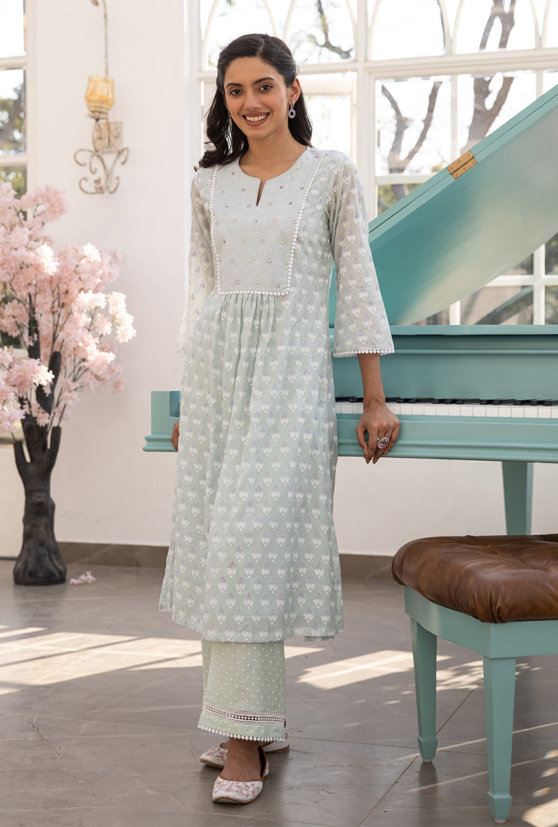 Mint Green Front Pleat Aisha Kurta Set