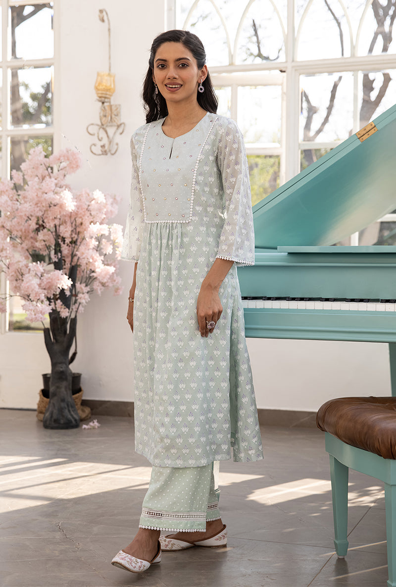 Mint Green Front Pleat Aisha Kurta Set
