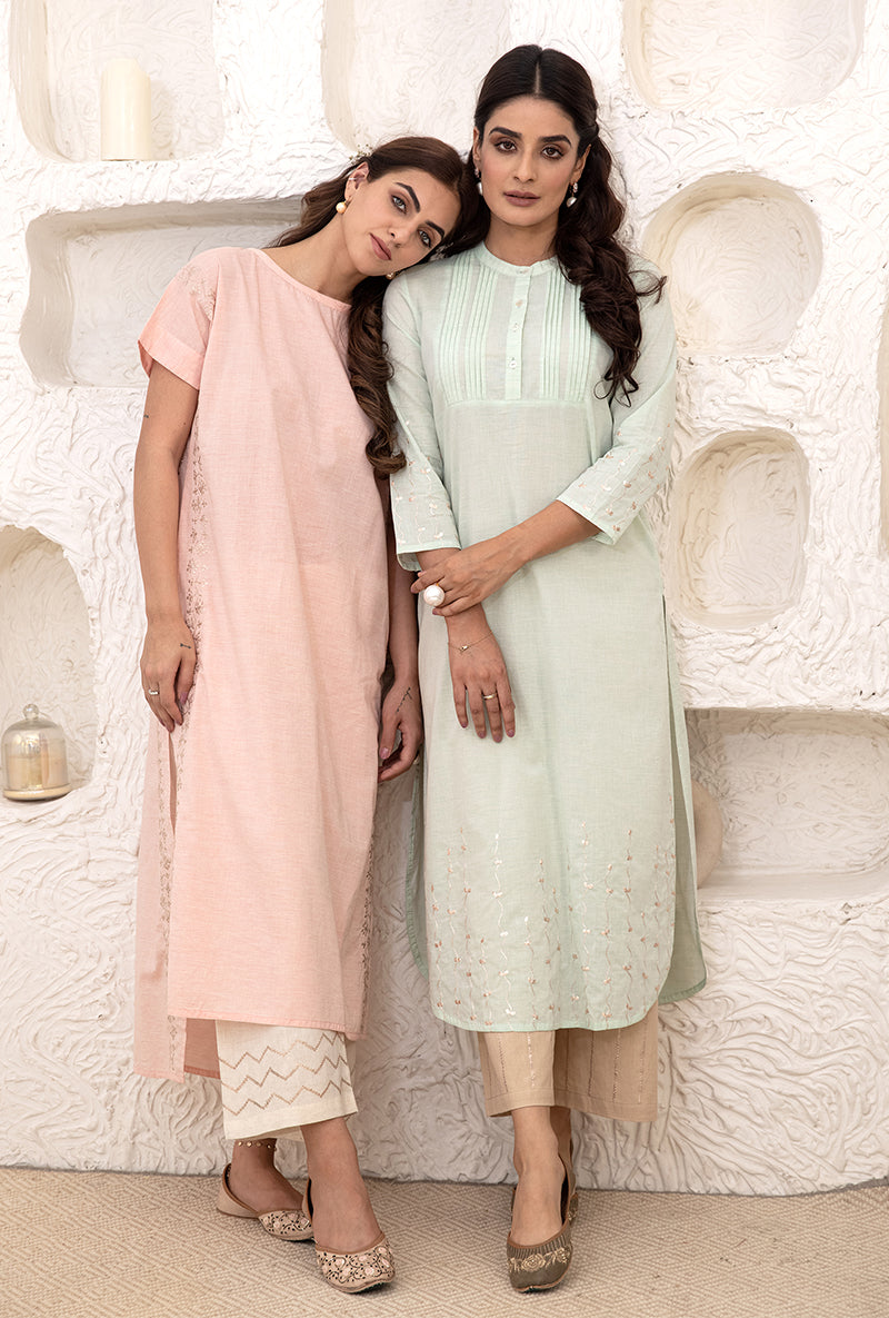 Mint Green Straight Pintuck Yoke Tahira Kurta Set