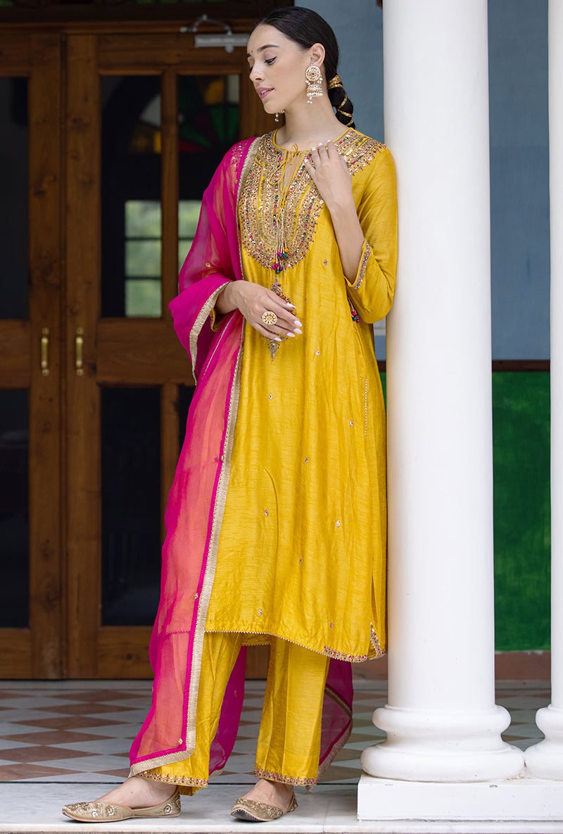 Mustard Resham And Zardozi  Heavy Neck Aayat Kurta Set