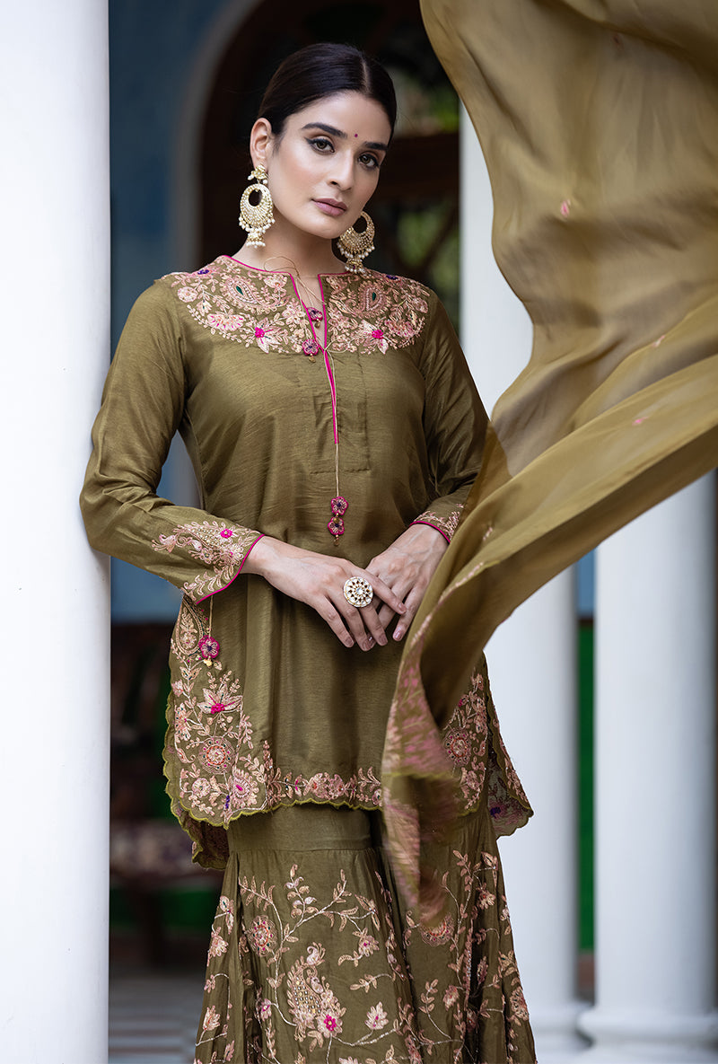 Olive Green Kairi Buta Full Jaal Zeenat Gharara Set