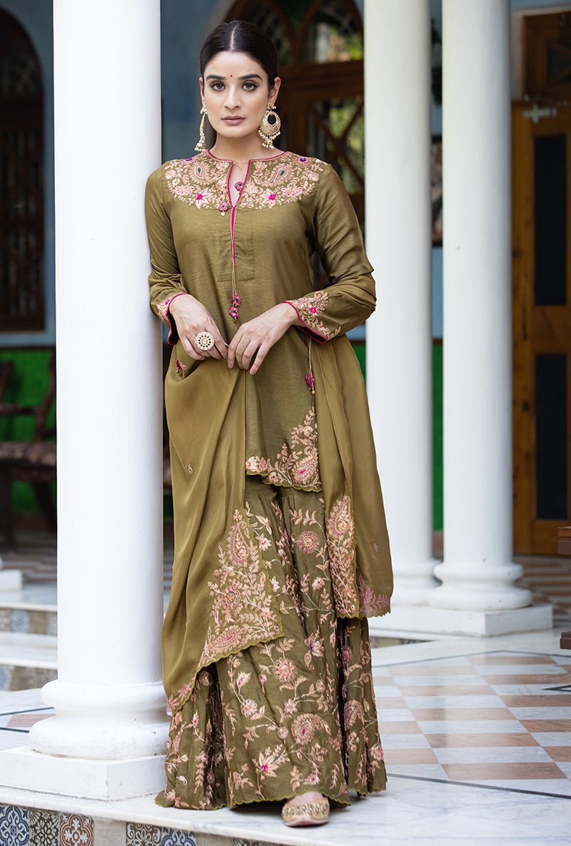 Olive Green Kairi Buta Full Jaal Zeenat Gharara Set