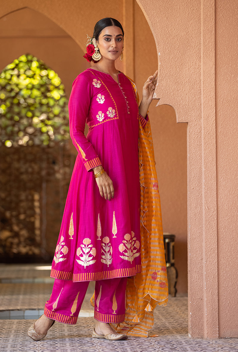 Rani Pink A-line Nayaab Kurta Set