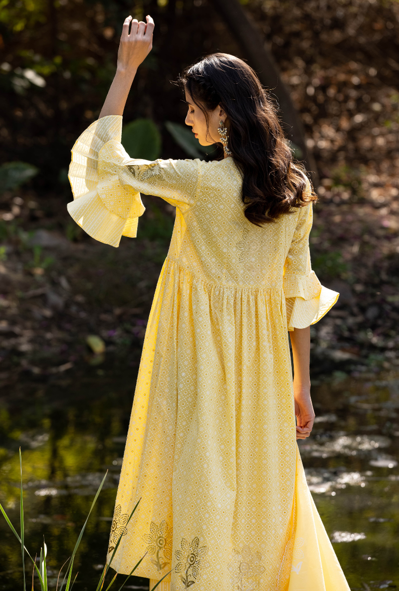 Yellow Frill Sleeve Titlie Anarkali Set