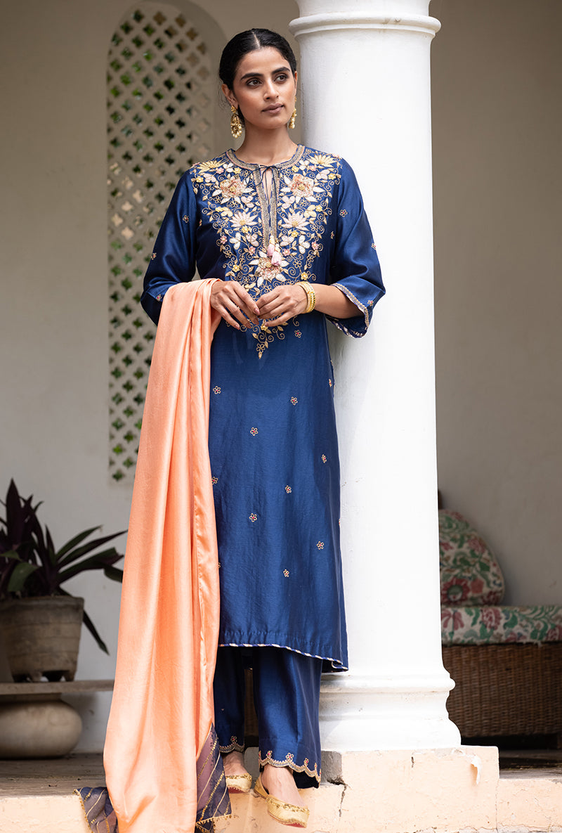 Blue Applique Classic Yoke Baano Kurta Set