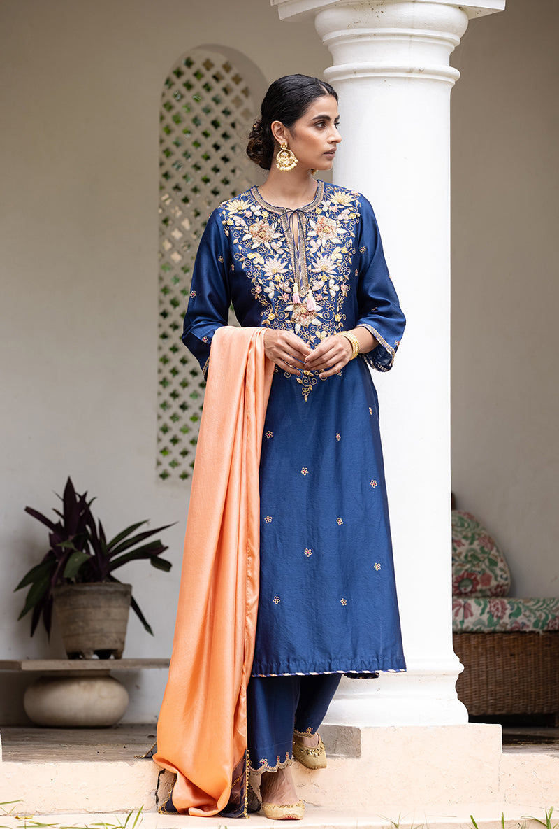 Blue Applique Classic Yoke Baano Kurta Set